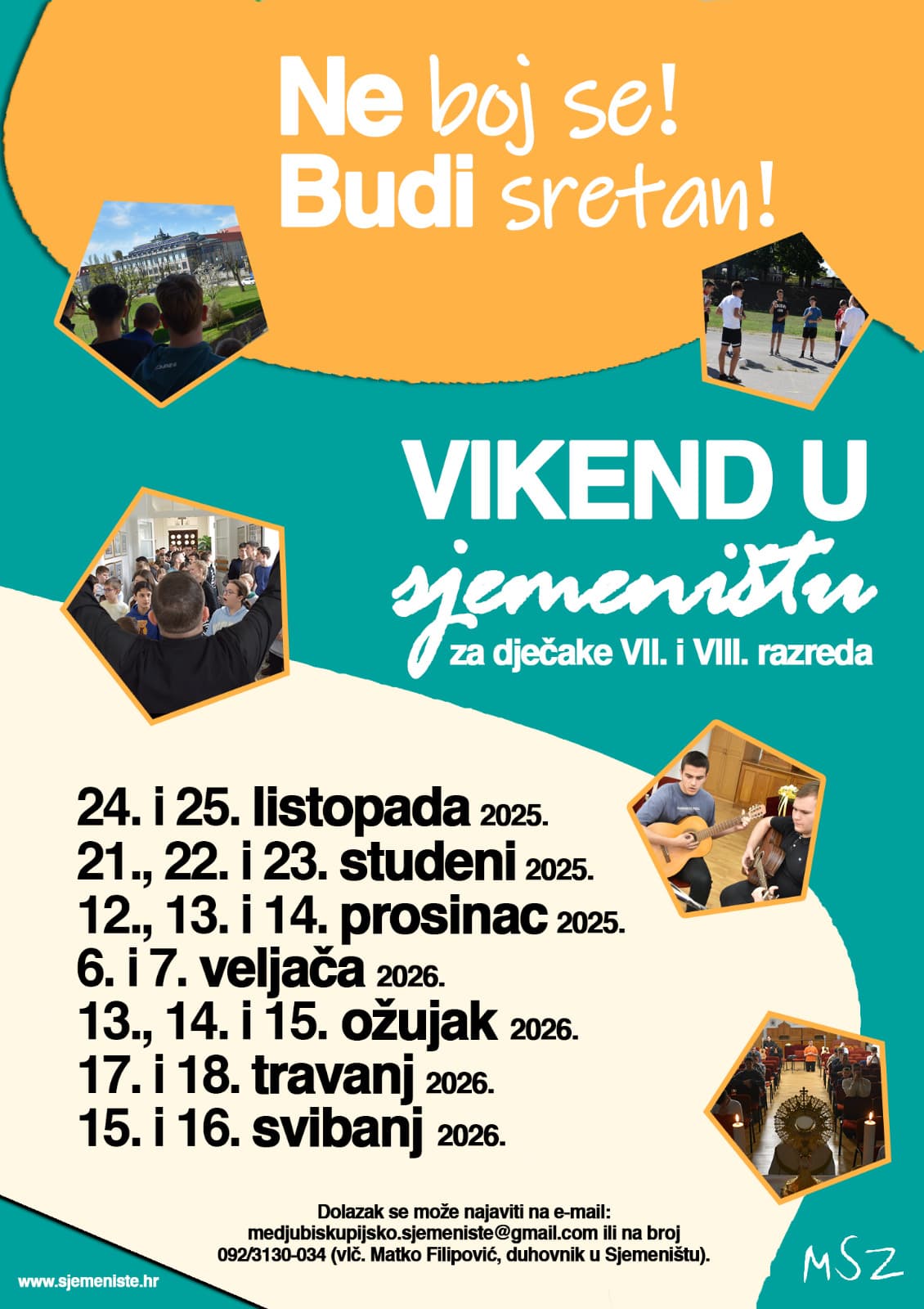 Plakat Vikend u sjemeništu s terminima za školsku godinu 2025./2026. i kontaktom za prijavu